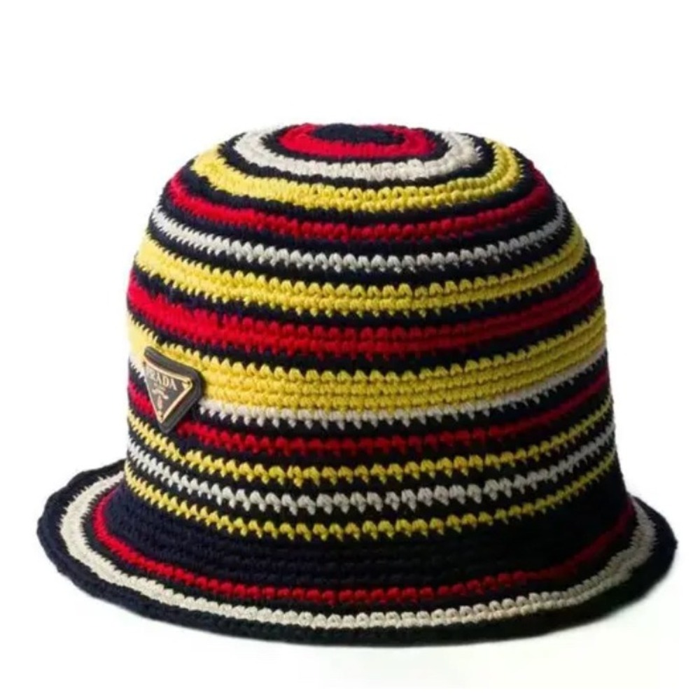 Prada Striped Crochet Bucket Hat Yellow Red Black White Triangle Logo Size S
